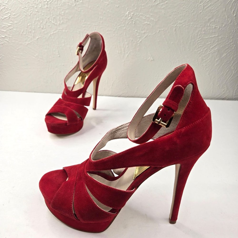 Michael Kors Strappy Platform Heels Sz 8.5 Red Suede Stiletto High Heeled Shoes